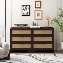 Rattan 6 Drawers Dresser,Storage Cabinet for Living Room Bedroom & Kitchen, Reddish Brown