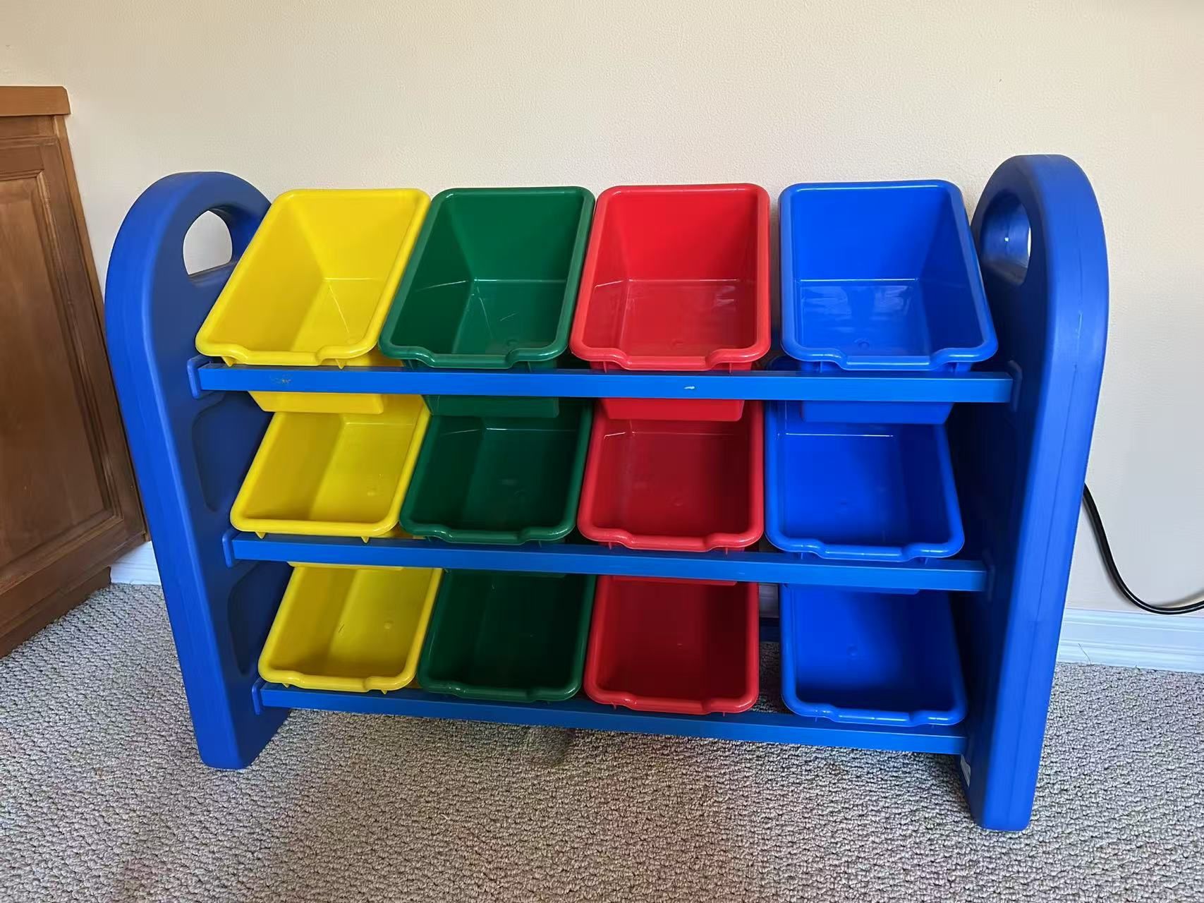 3-Tier Toy Storage Organizer for Kids, Blue with 12 Assorted Color Bins