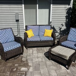 Patio Set Bundle – Wicker Sofa, Swivel Chair, Dining Set + Umbrella + Storage