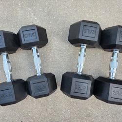 Rubber Hex Dumbbell Pairs 20s and 25s