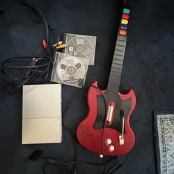 PS2 Silver with Guitar and 2 Guitar Hero games
