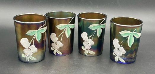 Antique Set 4 Northwood Carnival Glass Tumblers Hand painted Cherries 3-3/4" T