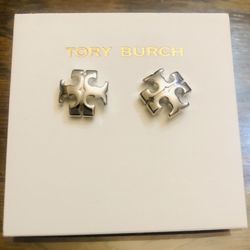 silver Tory Burch Kira sculptured T logo stud earrings 