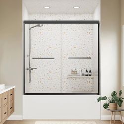 Bathtub Shower Door - 58-60" W×59" H Adjustable Aluminum Frame - 1/4 Tempered Glass with Clear Anti-Explosion Film - 4 Aluminum Rollers - Sliding Glas