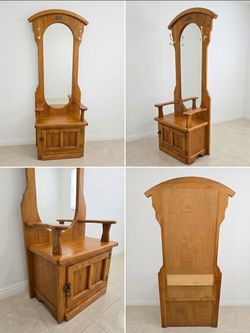 Vintage Golden Oak White Clad Hall Tree Bench with Mirror & Storage