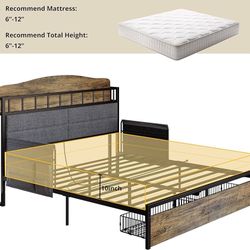 Queen Bed Frame with Guardrail & Bedside Caddy, Multifunctional Headboard with Charging Station, Durable Metal Platform Bed, Noise-Free, No Box Spring