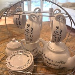  decorative ceramic coffee/espresso serving set with metal display rack