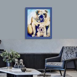 Handmade Acrylic Artwork, Mom & Baby Bulldog Painting & Blue Wood / Glass Frame