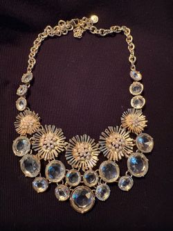 Talbots Golden Tone Flower Necklace, Necklace with Faux Pearls and Clear Rhinestones