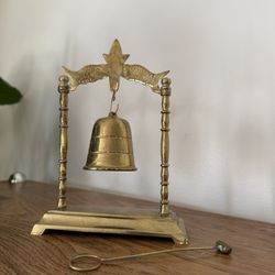 Vintage Chinese Brass Bell & Stand Fish Decoration On Top W/ Striker Gold Color