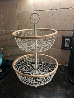 2-Tier Wire and Rattan Fruit Basket Stand