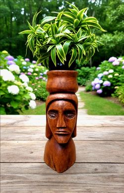 vintage, hand-carved wooden sculpture, likely of Jamaican or African folk art origin. 17" ×5.5"