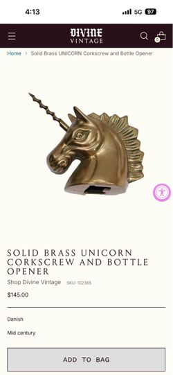 SOLID BRASS UNICORN CORKSCREW AND BOTTLE OPENER