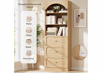 Cyclysio 80" Bookshelf with 3 Drawers & 3 Open Shelves, Natural Extra Tall Arched Bookcase with Baseboard Cutout, Wooden Pantry Storage Shelf for Livi