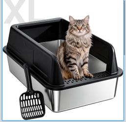XL Stainless Steel Cat Litter Box with High Sides & Scoop