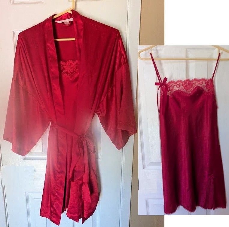 Victoria's Secret red silk lacy robe with matching nightgown/slip/teddy small