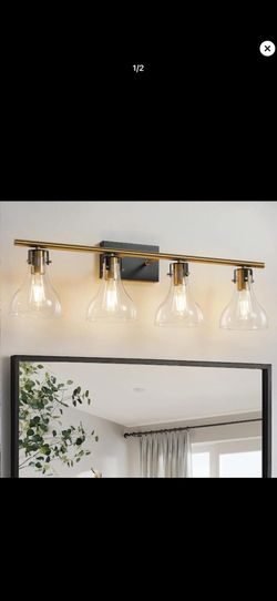 KAISITE 32 in. 4-Light Black and Gold Vanity Light with Clear Glass Shade Modern Bathroom Light Fixtures