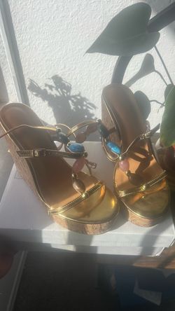 Gold Platform Wedge Sandals with Gemstones