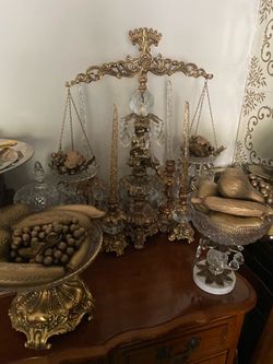 Ornate Brass Balance Scale Candelabra with Crystal Accents