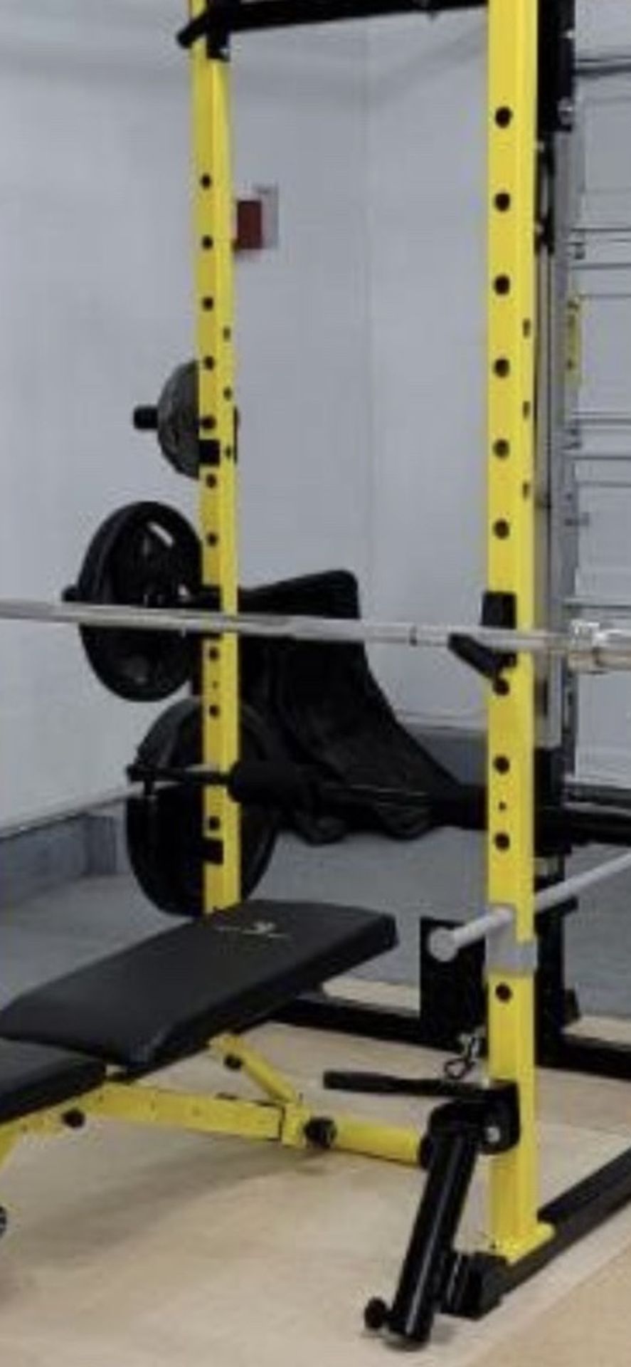 Squat Rack 2 Pulley System 3 Attachments Curl Bar Lat Bar Landline Bar Fully Adjustable Bench Olympic Barbell NEW