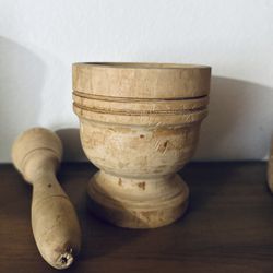 Vintage Italian Wooden Mortar & Pestle Set Italy Natural Solid Wood