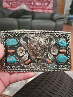 Vintage Navajo Al Lee Sterling Silver Buffalo Belt Buckle - Signed Native American Turquoise & Red Coral