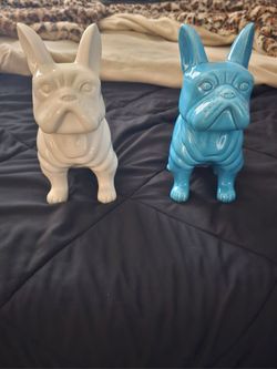 Set of 2 Glossy Ceramic French Bulldog Statues – Blue & White