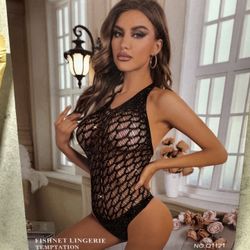 New one size black lace fishnet bodysuit body stocking cheetah leopard lingerie