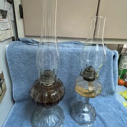 Two Antique Hurricane oil lamps glass