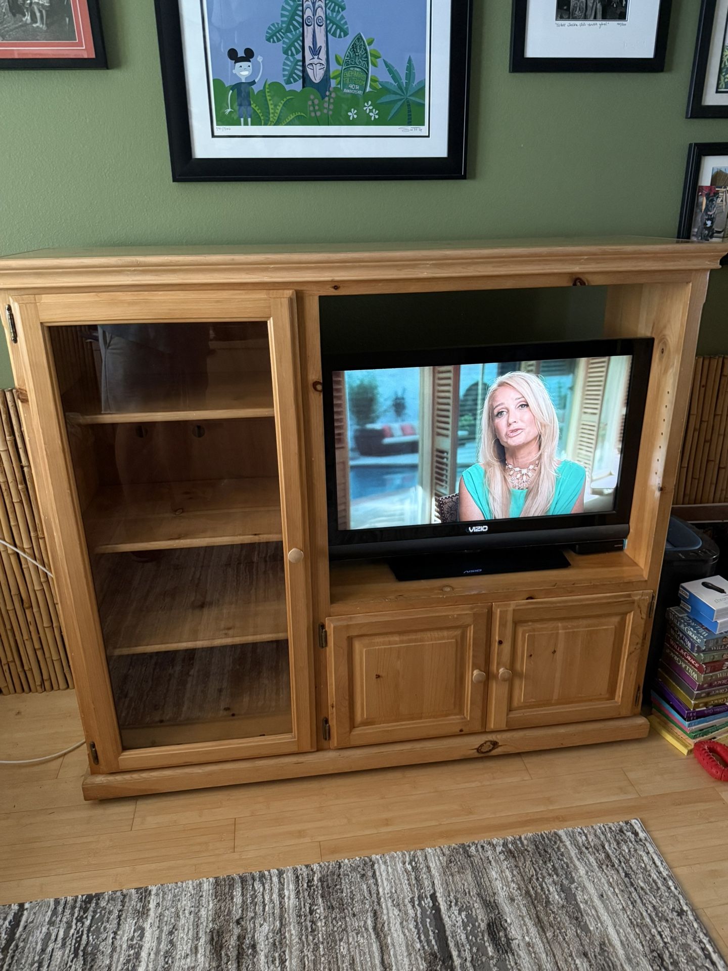 Pine Solid Wood Entertainment Console With Median Area Or Shelf Display
