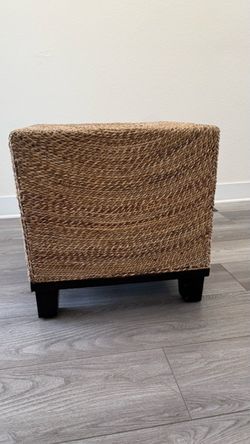 Pair of Square Seagrass Cube Ottomans – Natural Woven Water Hyacinth with Black Wood Legs