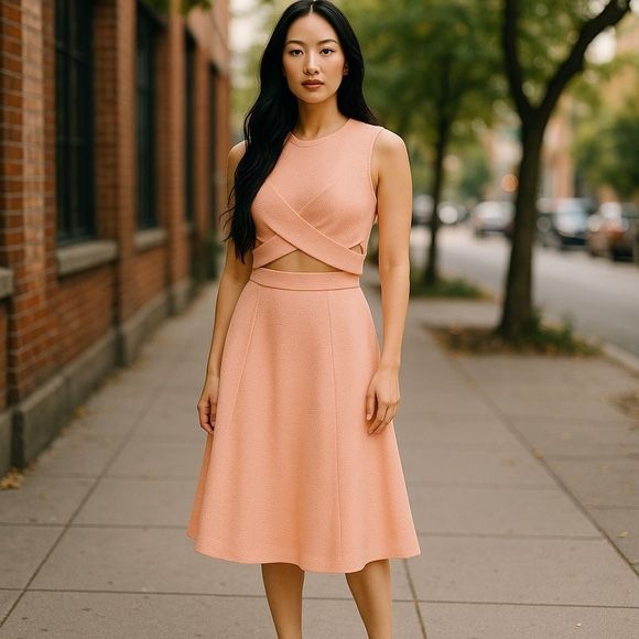The Fifth Peach Textured  Cut Out Crop Top &amp; Tulip Midi Skirt Set Size S 