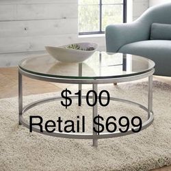 Crate & Barrel 36" Round Glass & Stainless Steel Coffee Table