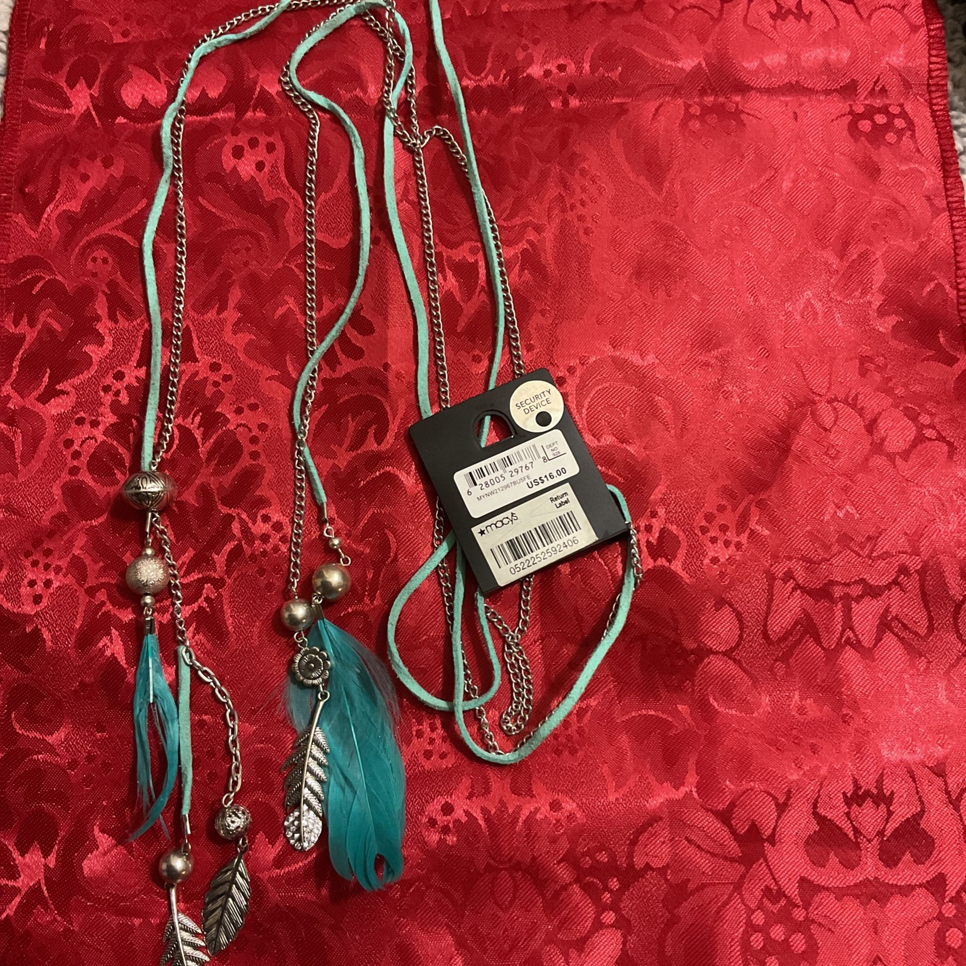 Turquoise Color Tribal Belt,with Silver Accents And Feathers With Rhinestones (MACY’S)