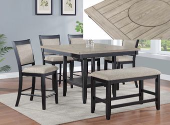 48x48 COUNTER HEIGHT DINING TABLE WITH CHAIRS AND BENCH
