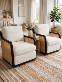 New Pair of Cream Bouclé Cane Accent Chairs — Dark Espresso Frame