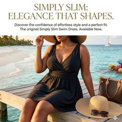 Simply Slim Women's Size 1X Swim Dress. Black with V Neckline. New With Tags