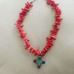Coral Necklace W/Cross Pendant 