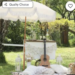 7ft Patio Fringe Umbrella Outdor Tassel Beach Umbrella with Push Botton Tilt UPF50+