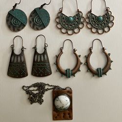Copper Jewelry Bundle - 4x New Joseph & Rose Artisan Earrings + Hammered Copper w/ Howlite Necklace