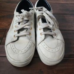 Vans White Low-Top Leather Sneakers with Gold Eyelets Old Skool