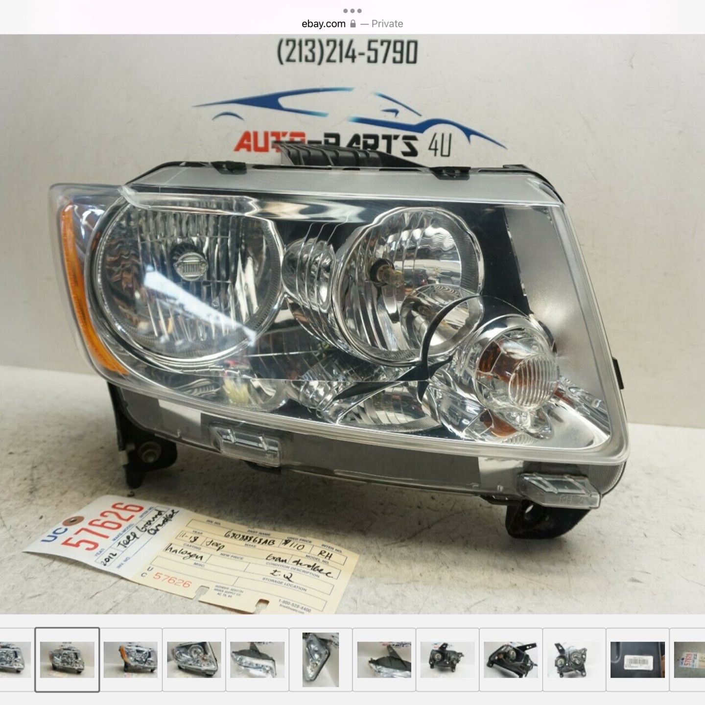 2011 - 2013 JEEP GRAND CHEROKEE RIGHT HALOGEN HEADLIGHT 2012 - 2013 OEM UC57626