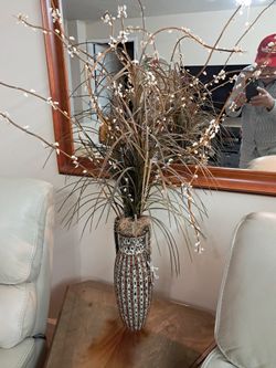 15'' Contemporary ceramic with two-handled Vase white glaze with 44'' arrangement of an artificial floral arrangement of natural dried Grasses & Buds
