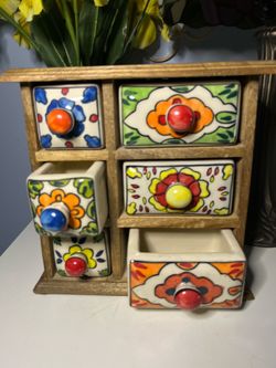 Handcrafted India Wood & Ceramic 6 Drawer Storage Cabinet