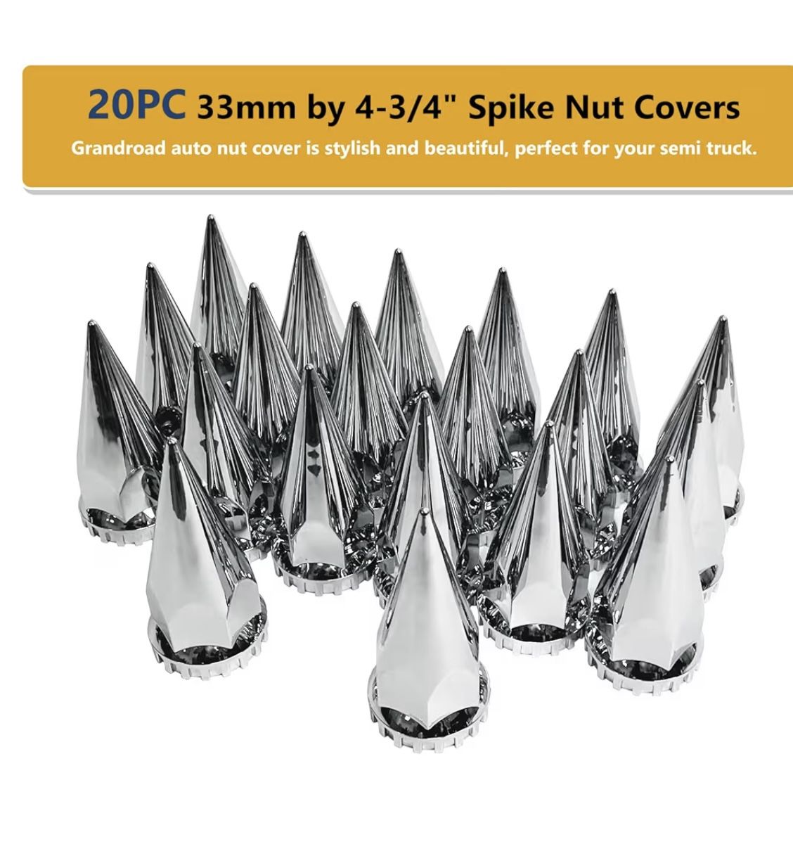20 Pack Spike Lug Nut Covers, 33mm by 4-3/4" Thread On Chrome Spike Nut Cover Caps ABS Plastic Anti-Rust Screw-on Lug Nut Covers for Semi Trucks
