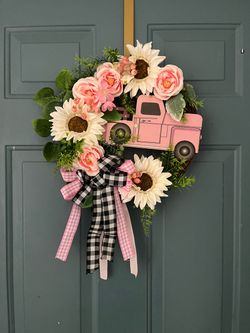 Handmade Pink Farmhouse Truck Floral Wreath