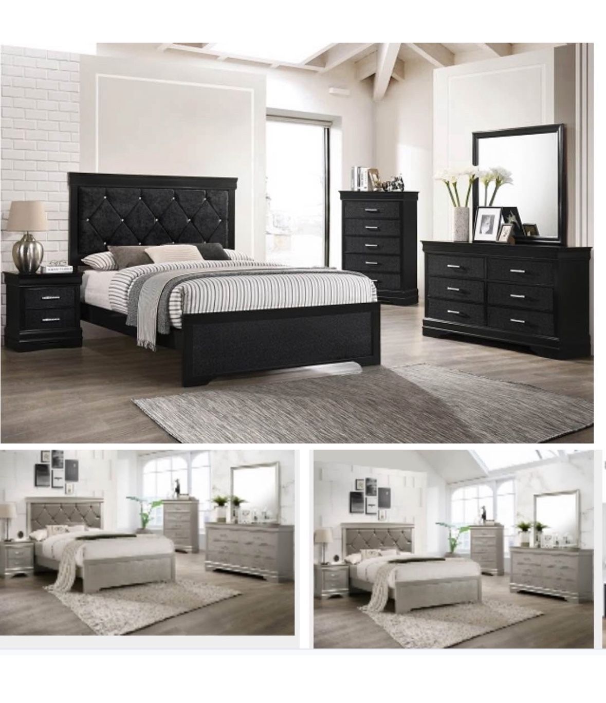 4- Pc Bedroom set Dresser,Mirror Nightstand (1) Queen size bed frame Not including Mattress and Box Sp