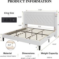 King Size Platform Bed Frame with Charging Station, Velvet Wingback Headboard with Storage Shelf, Wooden Slats Support, Ample Under-Bed Space, No Box 