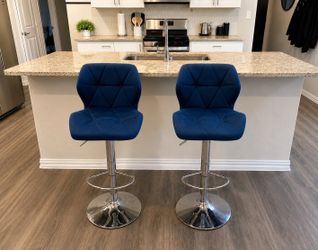 Pair of 2 Modern Blue Velvet Adjustable Bar Stools – $100