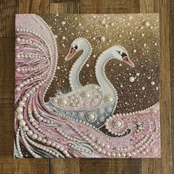 Pink & White Swans 3D Pearl Dot Gem Art Painting On Pre-Framed Wooden Canvas, 12x12 Inches, Glossy & Shiny, Home and Wall Decor, Beautiful Picture!